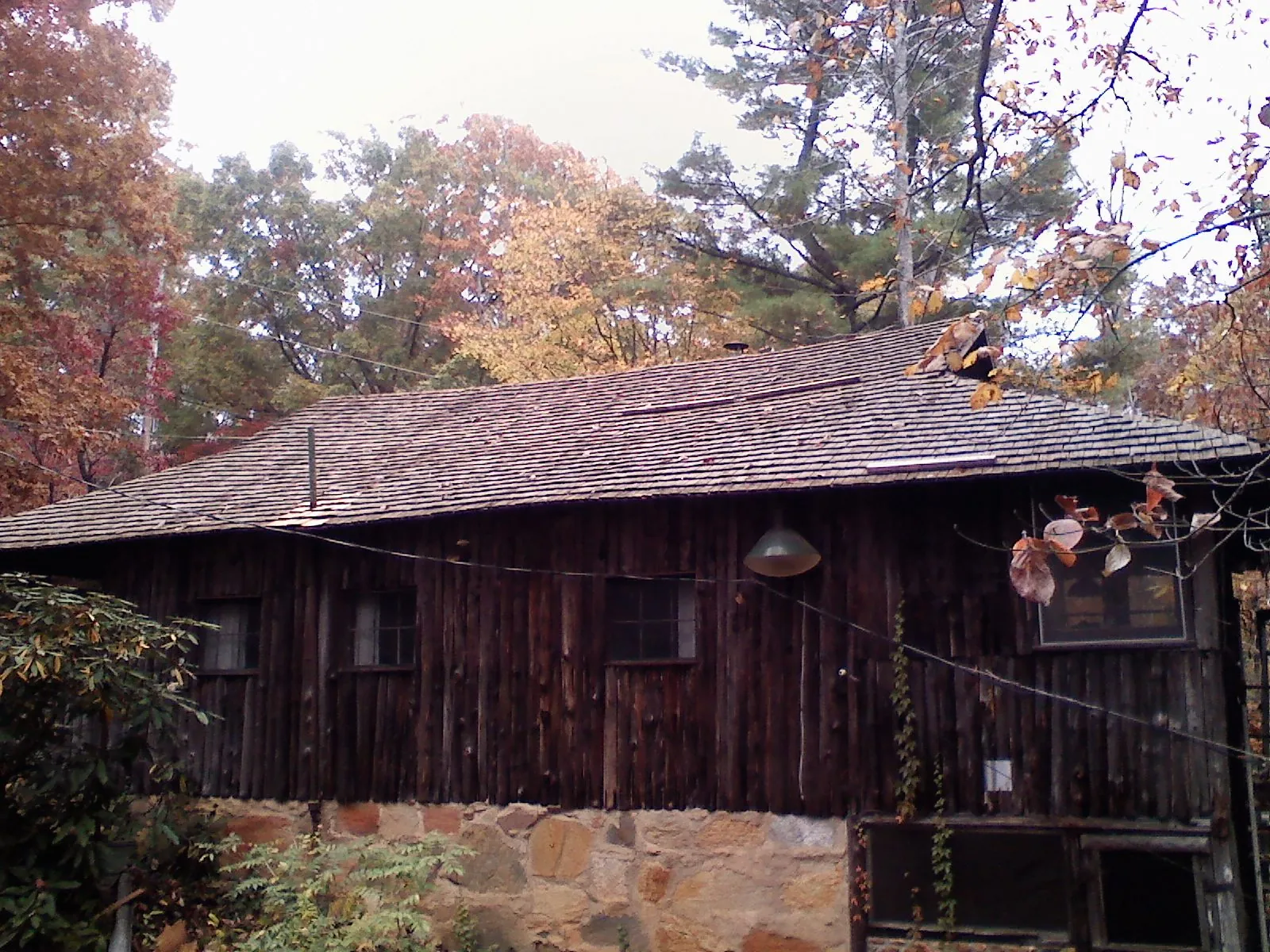 Weathered wood shake roof on a rustic board sided cabin in Williamsburg